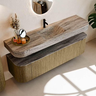 MONDIAZ THOR-DLUX 170cm badmeubel ronding links + rechts kleur Dusk met 1 lade en 2 deuren. Vrijhangende wastafel CLOUD Midden 1 kraangat kleur Oza.