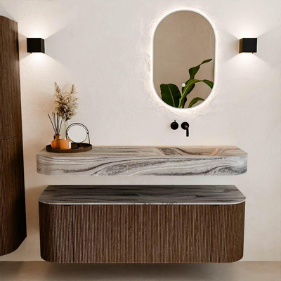 MONDIAZ THOR-DLUX 140cm badmeubel ronding links + rechts kleur Walnut met 1 lade en 2 deuren. Vrijhangende wastafel CLOUD Rechts zonder kraangat kleur Sombra.