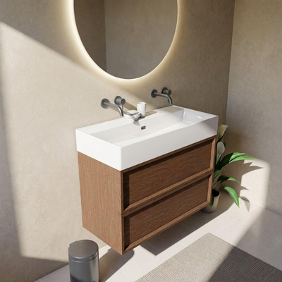 Saniclass Holz Frame Ensemble meuble de salle de bains - 100x45x72cm - Legend lavabo en céramique blanc mat - 1 vasque - 2 trous de robinetterie - 2 tiroirs - walnut pure mat (bois)