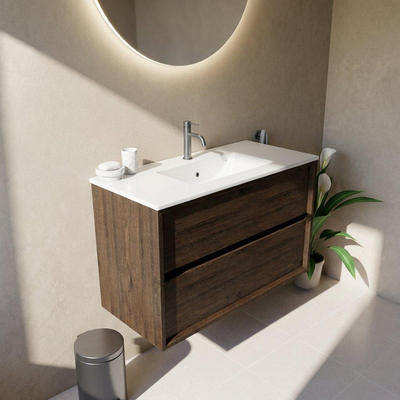 Saniclass Holz Frame Ensemble de meubles de salle de bains - 100x45x62cm - lavabo Vygo en céramique blanc - 1 vasque - 1 trou de robinet - 2 tiroirs - chêne charcoal mat (bois)