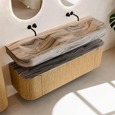 MONDIAZ THOR-DLUX 150cm badmeubel ronding links + rechts kleur Oak met 1 lade en 2 deuren. Vrijhangende wastafel CLOUD Dubbel zonder kraangat kleur Sombra.