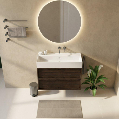 Saniclass Holz Frame Ensemble de meuble de salle de bains - 100x45x72cm - Legend lavabo en céramique blanc - 1 vasque - sans trou de robinet - 2 tiroirs - chêne charcoal mat (bois)