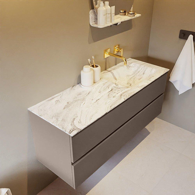 Mondiaz VICA-DLUX ensemble de meuble de salle de bain - 130cm - meuble sous-vasque fumée - 2 tiroirs - lavabo encastré nuage droite - sans trous de robinet - version haute 60cm - glace