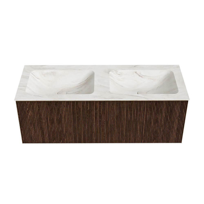 MONDIAZ KURVE-DLUX 120cm badmeubel kleur Walnut met 1 lade. Wastafel LEAF dubbel zonder kraangat kleur Ostra.