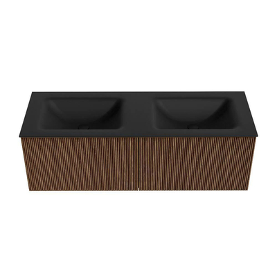 MONDIAZ KURVE 130cm Meuble salle de bain - couleur Walnut - 2 tiroirs - vasque CLOUD double - sans trous de robinet - Urban