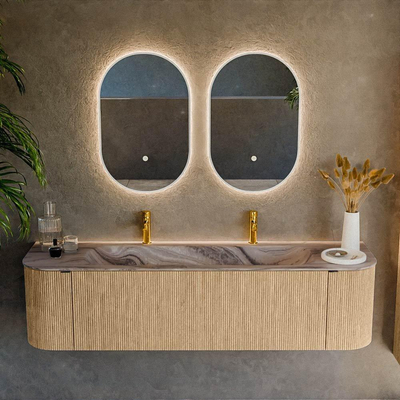 MONDIAZ KURVE-DLUX 170cm badmeubel ronding Links + Rechts kleur Oak met 1 lade en 2 deuren. Wastafel BIG LARGE Midden 2 kraangaten Sombra.