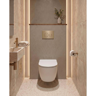 QeramiQ Dely Swirl Toiletset - 36.3x51.7cm - Geberit UP320 inbouwreservoir - met Burda frame -slim zitting - geborsteld messing bedieningsplaat - ronde knoppen - glans wit