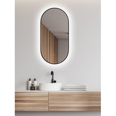 Wiesbaden Nomi Spiegel - met lijst ovaal - met LED dimbaar en spiegelverwarming - 50x100cm - mat zwart