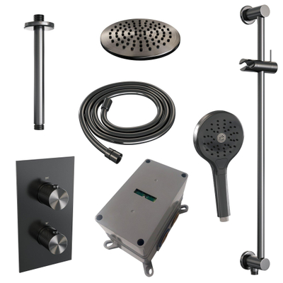 Brauer Gunmetal Carving Ensemble de douche pluie encastré - douche principale 20cm - bras plafond 20cm - 2 fonctions - glijstang - incluant partie encastrable - douchette ronde 3 positions - PVD - gunmetal brossé