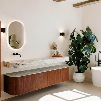 MONDIAZ THOR-DLUX 200cm meuble de salle de bains arrondi gauche + droite couleur Ruby avec 2 tiroirs et 2 portes. Vasque suspendue CLOUD Gauche sans trou de robinet couleur Glace.