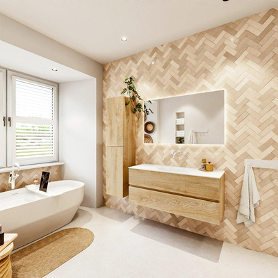 MONDIAZ VICA 120cm badmeubel onderkast Washed Oak 2 lades. Wastafel MOON midden zonder kraangat, kleur Talc.
