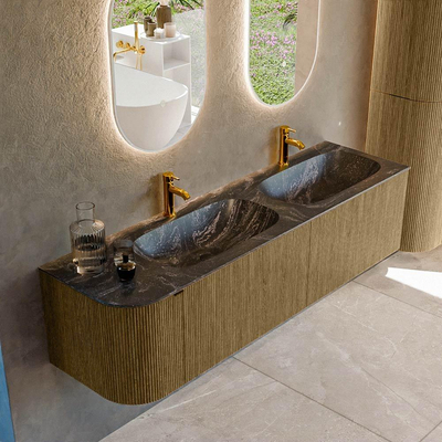 Mondiaz KURVE-DLUX Ensemble de meubles de salle de bains - 165x46x40cm - 2 tiroirs - 1 porte - vasque solid surface - double / droite - 2 trous de robinet - Dusk