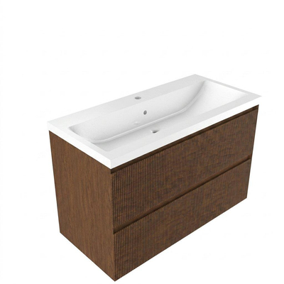 Saniclass Holz Atelier Ensemble de meubles de salle de bains - 100x45x63.5cm - Lavabo Bari en céramique blanc - 1 vasque - 1 trou de robinet - 2 tiroirs - walnut pure mat (bois)