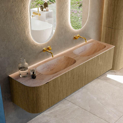 MONDIAZ KURVE-DLUX Meuble de salle de bains 175cm arrondi à gauche couleur Dusk avec 2 tiroirs et 1 porte. Lavabo STOR SMALL Double / Droite sans trou de robinet Saba.
