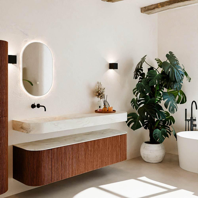 MONDIAZ THOR-DLUX 170cm meuble de salle de bains arrondi gauche + droite couleur Ruby avec 1 tiroir et 2 portes. Vasque suspendue CLOUD Gauche sans trou de robinet couleur Ostra.