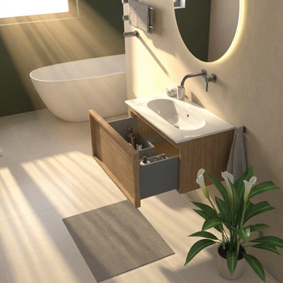 Saniclass Holz Frame Ensemble de meuble de salle de bains - 80x45x53.9cm - lavabo en céramique Chaci blanc - 1 vasque - sans trou de robinetterie - 1 tiroir - chêne natural mat (bois)