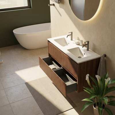 Saniclass Holz Atelier Ensemble de meubles de salle de bains - 120x45x62cm - lavabo Vygo en céramique blanc - 2 vasques - 2 trous de robinetterie - 2 tiroirs - mat walnut pure (bois)