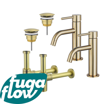 FortiFura Calvi Kit robinet lavabo - pour double vasque - robinet bas - bonde non-obturable - siphon design - Laiton brossé PVD
