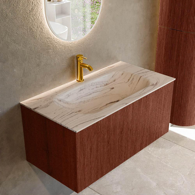 MONDIAZ KURVE-DLUX Meuble de salle de bains 90cm couleur Ruby avec 1 tiroir et 0 porte. Lavabo BIG SMALL Central 1 trou de robinet Nata.