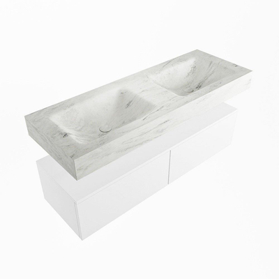 Mondiaz ALAN-DLUX Ensemble de meuble - 130cm - meuble Talc mat - 2 tiroirs - Lavabo Cloud Opalo suspendu - vasque Gauche et droite - 0 trous de robinet
