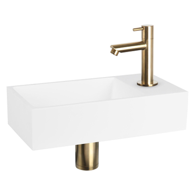 Differnz Solid kit lave-mains - 36x18.5x9cm - Rectangulaire - 1 trou de robinet - robinet doré mat droit - Solid Surface blanche