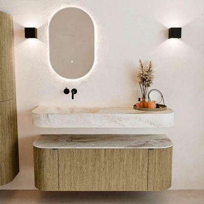 MONDIAZ THOR-DLUX 130cm meuble de salle de bains arrondi gauche + droite couleur Dusk avec 1 tiroir et 2 portes. Vasque suspendue CLOUD Gauche sans trou de robinet couleur Frappe.