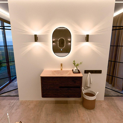 Mondiaz CIRO-DLUX Badkamermeubelset - 90x45x50cm - Solid surface wastafel Saba - 1 wasbak Midden - 1 kraangat - 2 lades - Walnut