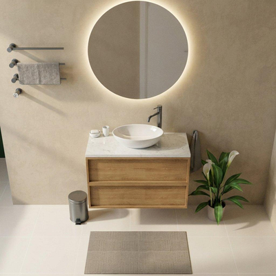Saniclass Holz Frame Ensemble de meubles de salle de bains - 100x45x63cm - plan vasque en marbre Dia poli (blanc) - 1 trou de robinetterie - 2 tiroirs - chêne natural mat (bois)