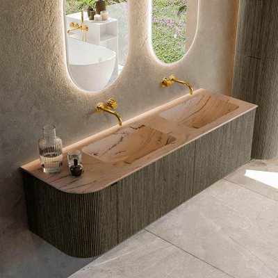 MONDIAZ KURVE-DLUX meuble de salle de bains 155 cm arrondi à gauche couleur Shadow avec 2 tiroirs et 1 porte. Lavabo LEAF Double / à droite sans trou de robinet Arena.
