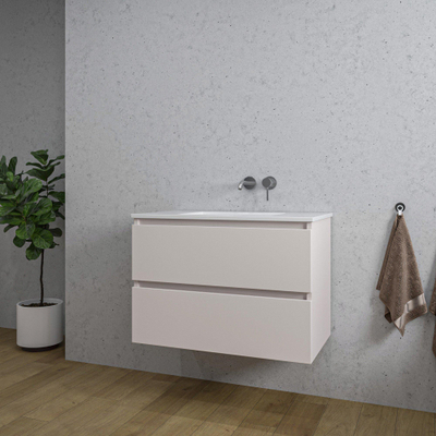 Saniclass Chaci Meuble de salle de bain - 80x46x55cm - lavabo en céramique blanc - 1 vasque - sans trous de robinet - 2 tiroirs - mat cotton (beige)
