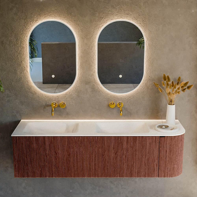 Mondiaz KURVE Ensemble de meuble salle de bain - 155x46x40cm - 2 tiroirs - 1 porte - lavabo en solid surface - double / gauche - sans trou de robinet - Ruby