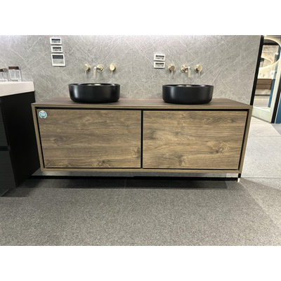 HR Badmeubelen Rize wastafelkast 2 hoge laden reeploos push2open 140 x 45 x 45 cm met Matrix Bovenblad espresso 2x Note waskom - 37x12cm m zwart SHWOROOMMODEL