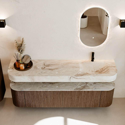 MONDIAZ THOR-DLUX 180cm meuble de salle de bains arrondi gauche + droite couleur Walnut avec 2 tiroirs et 2 portes. Vasque suspendue CLOUD Droite 1 trou de robinet couleur Frappe.