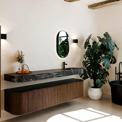 MONDIAZ THOR-DLUX 200cm meuble de salle de bains arrondi gauche + droite couleur Walnut avec 2 tiroirs et 2 portes. Vasque suspendue CLOUD droite 1 trou de robinet couleur Lava.