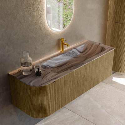MONDIAZ KURVE-DLUX Meuble de salle de bains 135cm arrondi gauche couleur Dusk avec 1 tiroir et 1 porte. Lavabo BIG MEDIUM droit 1 trou de robinet Sombra.