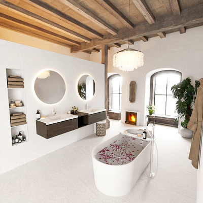 MONDIAZ BUKLA 200cm ensemble de meuble avec module ouvert 40 couleur Marron foncé avec 2 tiroirs. Lavabo CLOUD double 2 trous de robinet couleur Talc.