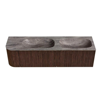 MONDIAZ KURVE-DLUX Meuble de salle de bains 165cm arrondi à gauche couleur Walnut avec 2 tiroirs et 1 porte. Plan vasque STOR SMALL Double / Droite 2 trous de robinet Oza.