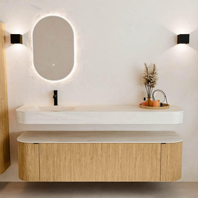 MONDIAZ THOR-DLUX 170cm badmeubel ronding links + rechts kleur Oak met 1 lade en 2 deuren. Vrijhangende wastafel CLOUD Links 1 kraangat kleur Meli.