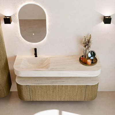 MONDIAZ THOR-DLUX 150cm meuble de salle de bains arrondi gauche + droite couleur Dusk avec 1 tiroir et 2 portes. Vasque suspendue CLOUD Gauche 1 trou de robinet couleur Meli.