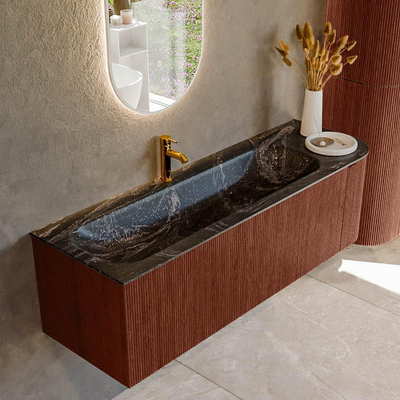 Mondiaz KURVE-DLUX Ensemble de meuble - 145x46x40cm - 1 tiroir - 1 porte - lavabo en solid surface - gauche - 1 trou de robinet - Ruby