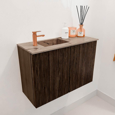 Mondiaz JOYA-DLUX 60cm meuble de salle de bains - couleur Walnut - Vasque FAYE position Gauche 1 trou de robinet couleur Arena.