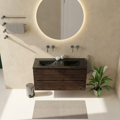 Saniclass Holz Atelier Ensemble meuble de salle de bains - 120x45x62cm - Vasque Vygo en céramique noire - 2 vasques - sans trous de robinet - 2 tiroirs - chêne charcoal mat (bois)