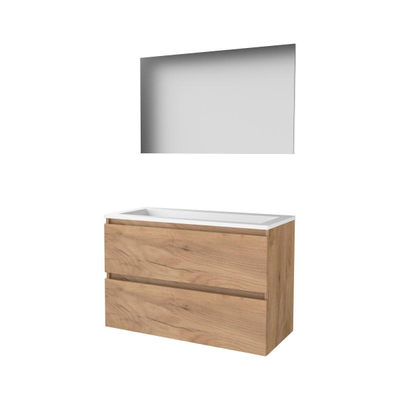 Basic-Line Basic 46 ensemble de meubles de salle de bain 100x46cm sans poignée 2 tiroirs lavabo acrylique 0 trous de robinetterie miroir mfc whisky oak