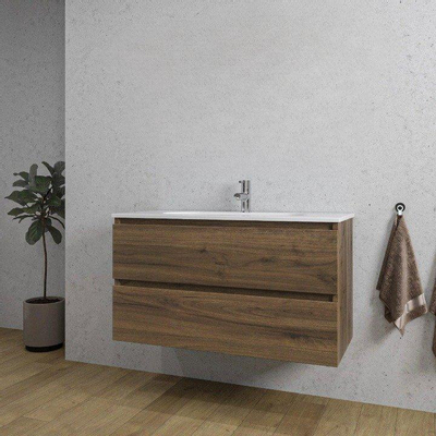 Saniclass Chaci Badkamermeubelset - 100x46x55cm - keramische wastafel wit - 1 wasbak - 1 kraangat - 2 lades - noten (hout) SHOWROOMMODEL