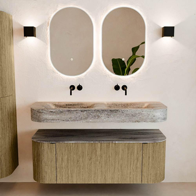 MONDIAZ THOR-DLUX 130cm meuble de salle de bains arrondi gauche + droite couleur Dusk avec 1 tiroir et 2 portes. Vasque suspendue CLOUD Double sans trou de robinet couleur Oza.