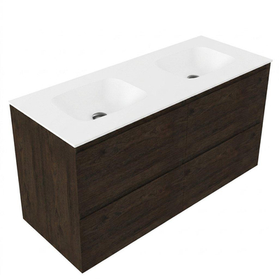 Saniclass Holz Pure Ensemble de meubles de salle de bains - 120x45x61.5cm - Lavabo Flow en solid surface blanc - 2 vasques - sans trous de robinetterie - 4 tiroirs - chêne charcoal mat (bois)