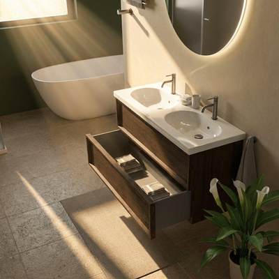 Saniclass Holz Frame Ensemble meuble de salle de bains - 120x45x63.5cm - lavabo en céramique Palermo blanc - 2 vasques - 2 trous de robinetterie - 2 tiroirs - chêne charcoal mat (bois)