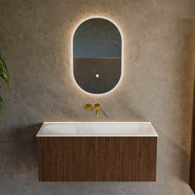 MONDIAZ KURVE Meuble de salle de bains 100 cm couleur Walnut avec 1 tiroir. Lavabo BIG MEDIUM centré sans trou de robinet Talc.