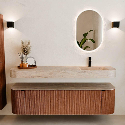 MONDIAZ THOR-DLUX Meuble de salle de bains 170cm arrondi gauche + droite couleur Ruby avec 1 tiroir et 2 portes. Vasque suspendue CLOUD Droite 1 trou de robinet couleur Saba.