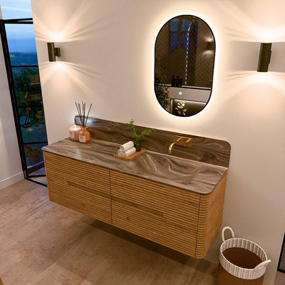 Mondiaz CIRO-DLUX Ensemble de meubles de salle de bains - 150x45x50cm - Plan vasque en solid surface Sombra - 1 bassin à droite - sans trous de robinet - 4 tiroirs - Chêne